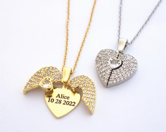 Personalized Womens Custom Name Necklace,Wings Name Necklace,Openable Heart Necklace Valentines Gift, Guardian Angel Wing Necklace for Women