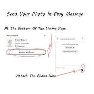 Puede incluir: Captura de pantalla de una p&aacute;gina de listado de Etsy que muestra instrucciones sobre c&oacute;mo enviar una foto al vendedor. La imagen muestra una flecha roja que apunta al cuadro "Escribir un mensaje" en la p&aacute;gina de listado de Etsy. El texto "Adjuntar la foto aqu&iacute;" est&aacute; escrito debajo de la flecha.