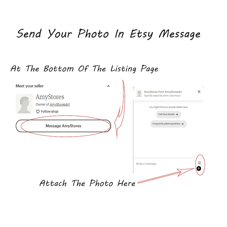 Puede incluir: Captura de pantalla de una p&aacute;gina de listado de Etsy que muestra instrucciones sobre c&oacute;mo enviar una foto al vendedor. La imagen muestra una flecha roja que apunta al cuadro "Escribir un mensaje" en la p&aacute;gina de listado de Etsy. El texto "Adjuntar la foto aqu&iacute;" est&aacute; escrito debajo de la flecha.