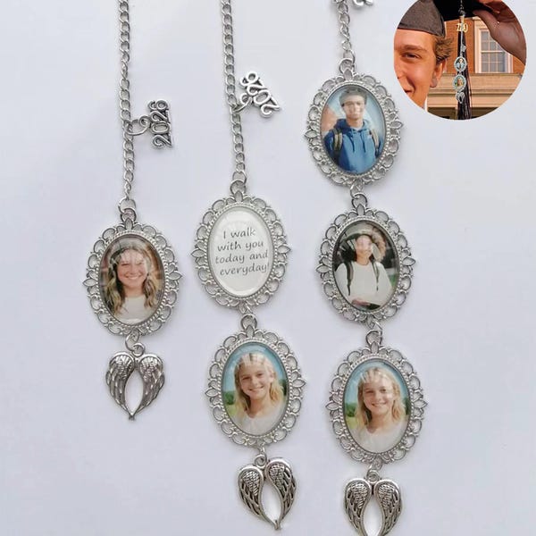 Custom Graduation Cap Photo Charm, Class of 2026 Memorial Tassel with Angel Wing, Personalized Graduate Keepsake Gift