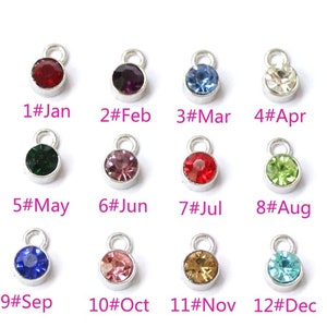 May include: A collection of twelve silver-toned charms, each with a different colored gemstone. Each charm is labeled with a month of the year, from January to December. The gemstones are various colors, including red, purple, blue, and green.