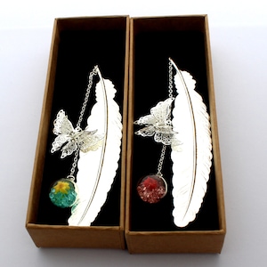 silver Metal Feather Bookmark,With 3D Butterfly And Glass Beads Dry Flower Pendant, Gift For Reader, Woman and Kids.