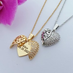 Collar personalizado con nombre para mujer, collar con nombre de alas, collar con corazón, medallón con corazón, mensaje oculto en el corazón, regalo de San Valentín