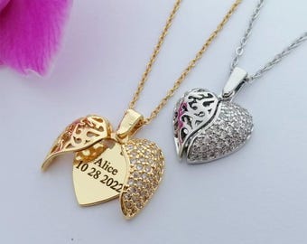 Personalized Womens Custom Name Necklace,Wings Name Necklace,Heart Necklace,Heart Locket, Hidden Message Heart  ,Valentines Gift