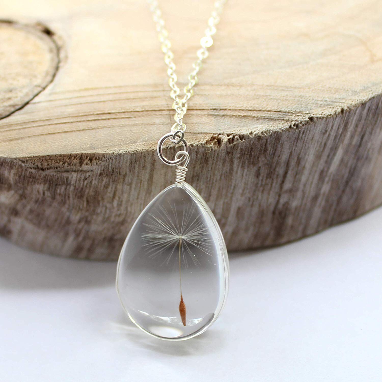 Natural Dandelion Seed Pendant Necklace 925 Silver Chain