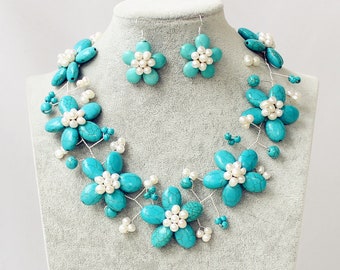Turquoise Necklace Handmade Turquoise Pearl Flower Earrings set  Pearl Necklace Gift For Women  Mother Daughter Necklace