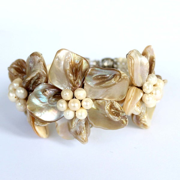 Mother of Pearl Seashell and Freshwater Pearls Cuff Bracelet