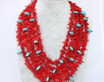 Multi-layered Coral necklace, Turquoise necklace, Coral branch necklace, Gift For Women,   Mother daughter necklace Wedding gift, party gift