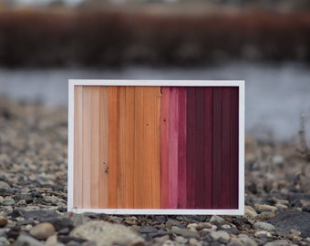 Kunstwerk aus wiedergewonnenem Farbverlaufsholz – Moderne geometrische Holzarbeiten – Konzeptkunst – „Dusk“. Hergestellt im pazifischen Nordwesten aus Altholz. Heimwerken