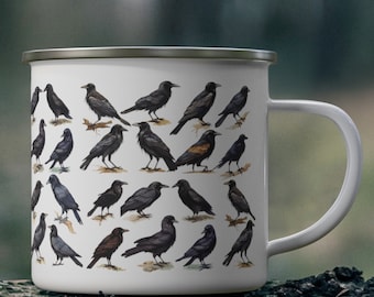 Witchy Crow Raven Enamel Camping Mug, Gothic Black Bird Cup for Coffee & Tea, Dark Academia Gift for Nature Lovers, Dark Aesthetics