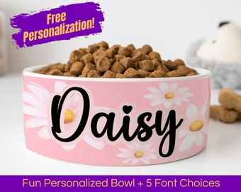 Personalized Ceramic Dog Pet Cat Bowls, Daisies, Custom Cute Dog Bowls, Designer Large & Small Dog Cat Pet Water Dish, Gift for Dog Lovers