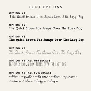 May include: Six different font options for the phrase "The Quick Brown Fox Jumps Over The Lazy Dog". Each option is labeled with a number and a description of the font style, such as "all uppercase" or "all lowercase".