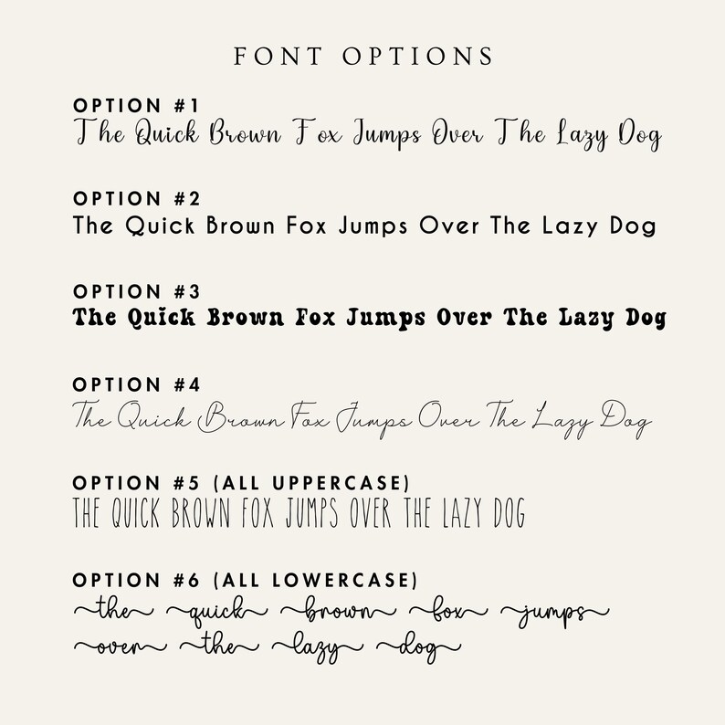 May include: Six different font options for the phrase "The Quick Brown Fox Jumps Over The Lazy Dog". Each option is labeled with a number and a description of the font style, such as "all uppercase" or "all lowercase".