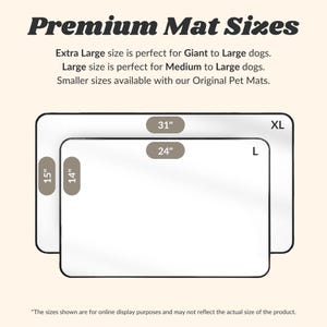 May include: Diagram showing the different sizes of pet mats available. The sizes are labeled as Extra Large (XL), Large (L), and two smaller sizes. The measurements are shown in inches: 31" x 24", 15" x 14".