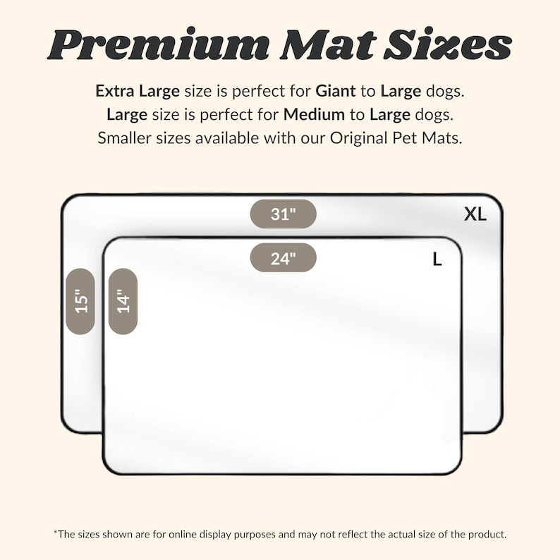 May include: Diagram showing the different sizes of pet mats available. The sizes are labeled as Extra Large (XL), Large (L), and two smaller sizes. The measurements are shown in inches: 31" x 24", 15" x 14".