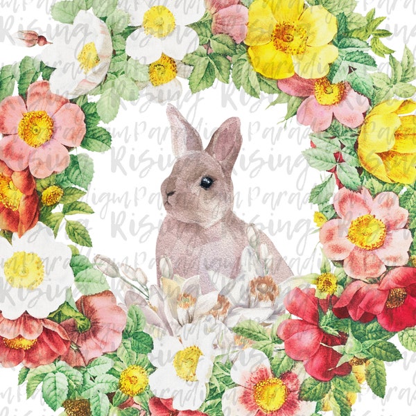 Easter Bunny Wreath Clipart, Rabbit, Spring PNG File for Sublimation, Tags, Digital Paper, Baby Shower Clothes Graphics, Decorations, Shirts