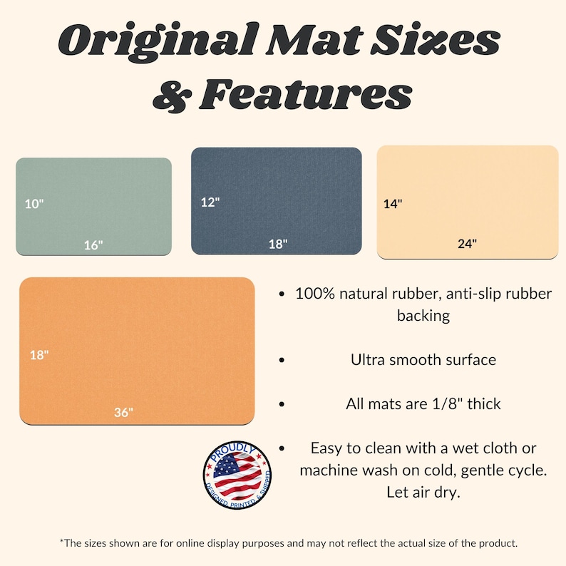 May include: Three different sizes of rectangular non-slip rubber mats in light green, dark blue, and light orange. The mats are 10 inches by 16 inches, 12 inches by 18 inches, and 18 inches by 36 inches. The mats are 1/8 inch thick and are made of 100% natural rubber. The mats are easy to clean with a wet cloth or machine wash on cold, gentle cycle. Let air dry.