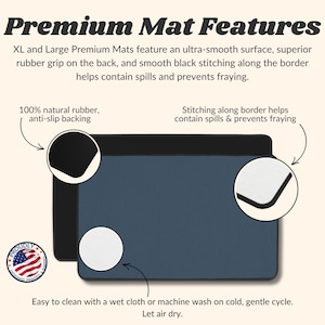 May include: A close-up of a blue and black desk mat with a smooth surface and black stitching around the edges. The mat is made of 100% natural rubber and has an anti-slip backing. The text "Premium Mat Features" is at the top of the image. The text "Easy to clean with a wet cloth or machine wash on cold, gentle cycle. Let air dry." is at the bottom of the image.