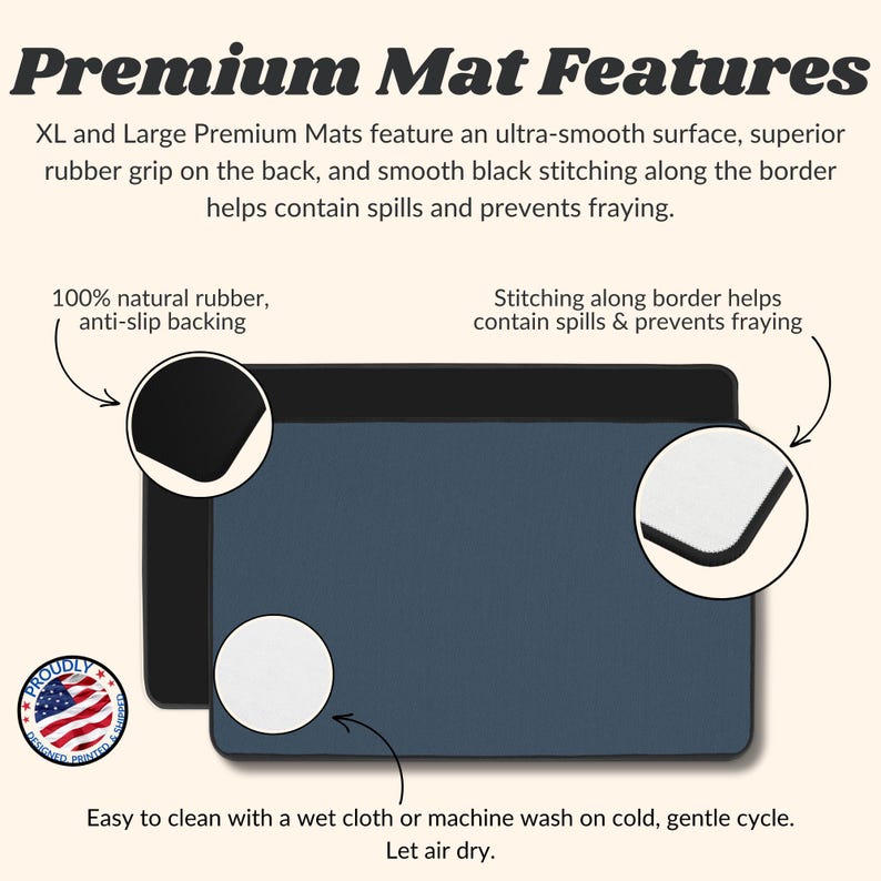 May include: A close-up of a blue and black desk mat with a smooth surface and black stitching around the edges. The mat is made of 100% natural rubber and has an anti-slip backing. The text "Premium Mat Features" is at the top of the image. The text "Easy to clean with a wet cloth or machine wash on cold, gentle cycle. Let air dry." is at the bottom of the image.