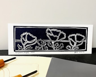 California Poppy, handmade, block print, flower and plants.