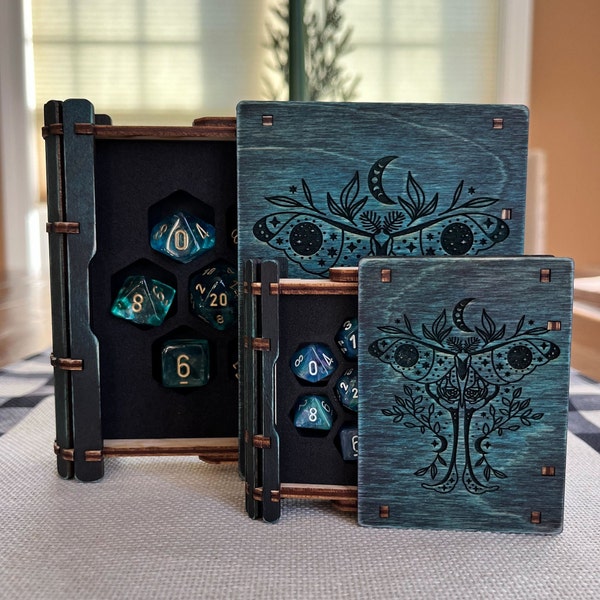 Lunar Butterfly mini dice box ~ Moon Moth ~ Lunar Beetle dice box ~ DND Gift ~ free mini dice set