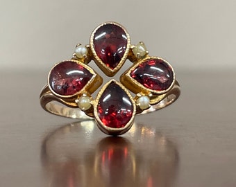 14KT Garnet Cabachon and Seed Pearl Ring