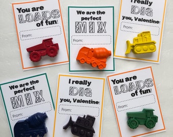 Construction Valentine, Crayon Valentine, Tractor Party Favor, Boy Valentines, Preschool Valentines, Car Valentine, Class Party Favor