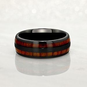Tungsten Carbide Black Ring 8mm w/ Red Dyed Koa Wood