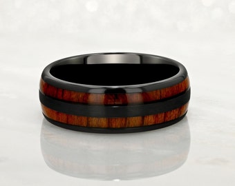 TIMBER - Tungsten Carbide Black Ring 8mm w/ Red Dyed Koa Wood