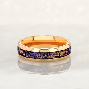 Rose Gold Ring Amethyst and Rose Gold Leaf, Unisex Wedding Band, Purple Stone Ring