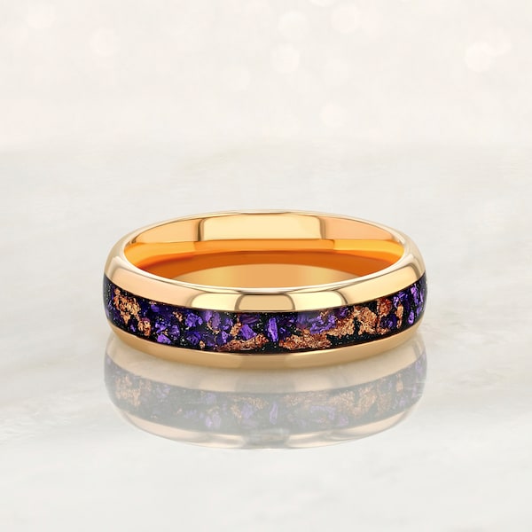 MAJESTY - Tungsten Carbide Rose Gold Ring 6mm w/ Amethyst and Rose Gold Leaf