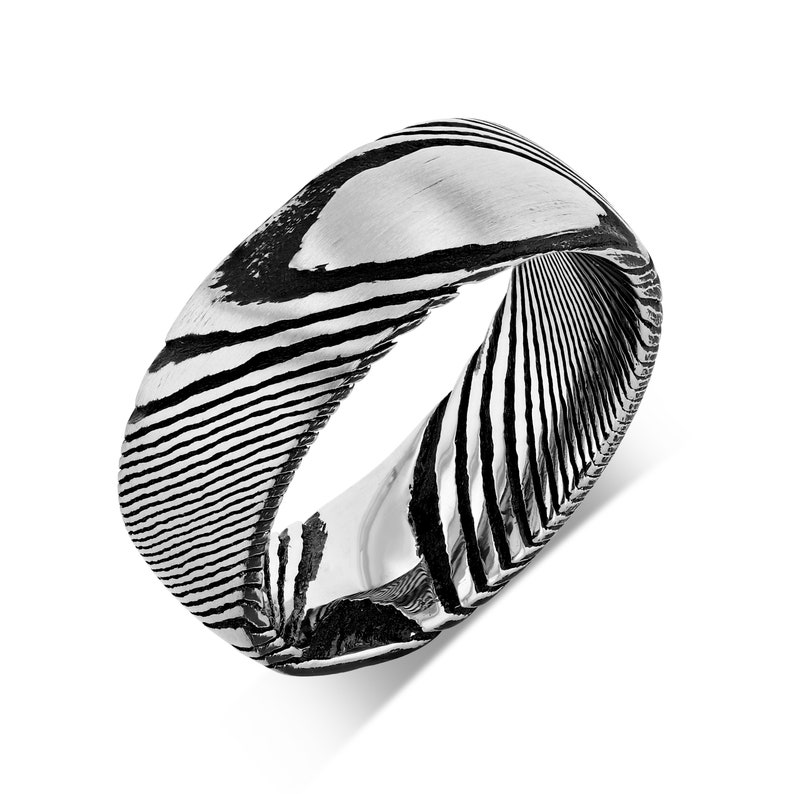 Damascus Steel Silver and Black Wedding Band Compressed Metal Anniversary Forged Metal Ring Black and Silver Anniversary Black Steel Ring