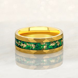 RADIANT - Tungsten Carbide Gold Ring 8mm w/ Green Opal and Gold Leaf