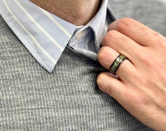 BINARY - Tungsten Carbide Black Ring 8mm w/ Meteorite, Emeralds and Rose Gold Accents