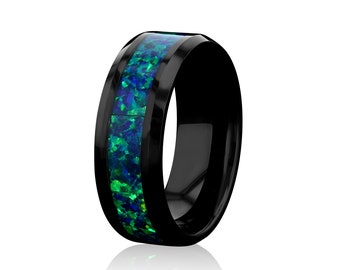 Black Tungsten Carbide Ring: Blue-Green Opal Inlay, 8mm