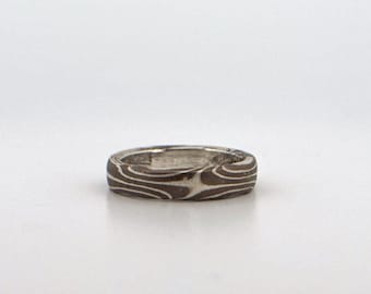 Mokume Wedding Band: Silver, Black & Copper Ring with Lines (4mm)