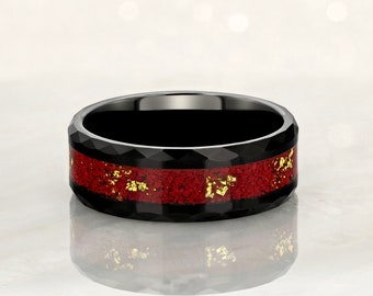 EMPEROR - Tungsten Carbide Black Ring 8mm w/ Crushed Rubies and Gold Leaf