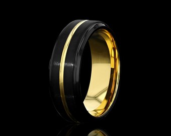 Yellow Gold Infinity Line Wedding Band, Black Trendy Wedding Ring, Gold Symmetrical Statement Ring, Comfort Fit Couples Ring, Engraved Band
