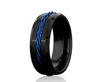 INTERLACE - Tungsten Carbide Black Ring 8mm w/ Blue Knot