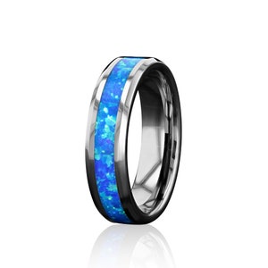 Blue Opal Band, 6mm Wedding Bands, Silver Opal RIngs