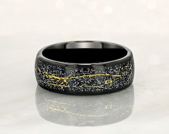 STARDUST – Schwarzer Ring aus Wolframkarbid, 8 mm, mit Meteoritenstaub und Gold-Spezifikationen