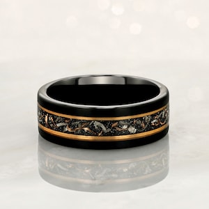 BINARY - Tungsten Carbide Black Ring 8mm w/ Meteorite, Rose Gold Accents and Copper Leaf