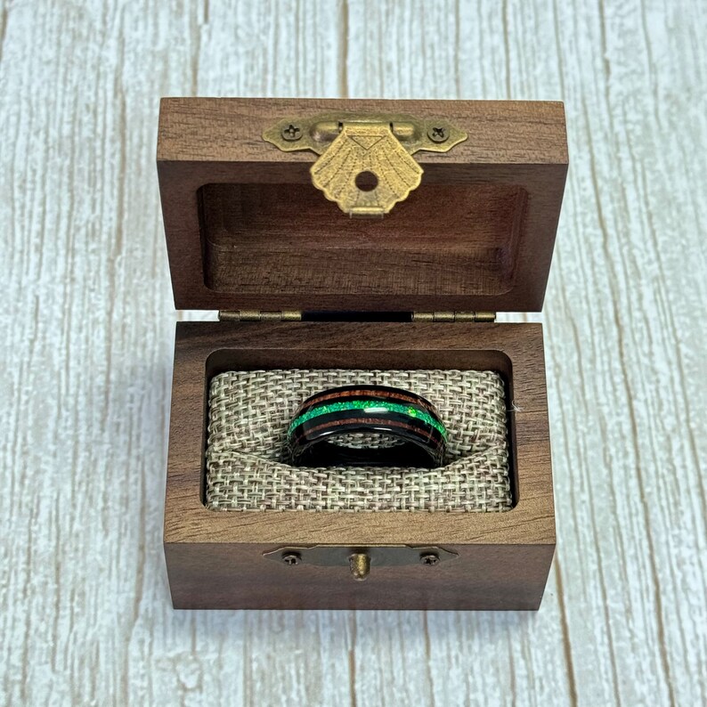 HALO Tungsten Carbide Black Ring 8mm w/ Green Opal and Koa Wood image 4