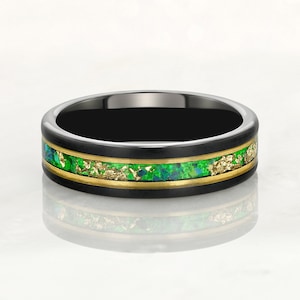 Tungsten Carbide Black Ring 6mm, 8mm Green Opal, Gold Accents and Gold Leaf, Unisex Wedding Band