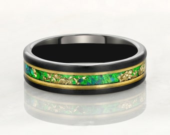 BINARY - Tungsten Carbide Black Ring 6mm, 8mm w/ Green Opal, Gold Accents and Gold Leaf