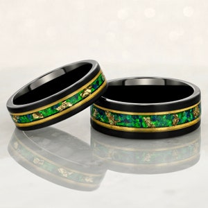 Couples Black Ring 8mm, 6mm w/ Green Opal, Gold Accents and Gold Leaf