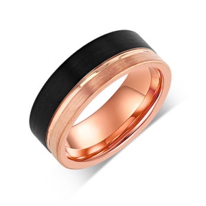 DIVERGENT - Tungsten Carbide Black Ring 8mm w/ Asymmetrical Rose Gold Line and Brushed Rose Gold