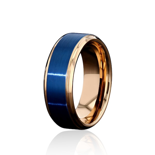 CHROMATISCH – Ring aus Wolframcarbid-Roségold, 8 mm, mit blauer Mitte