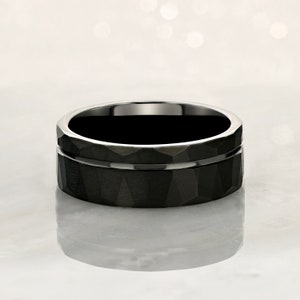 Black Tungsten Carbide Black Hammered Ring 8mm w/ Asymmetrical Solid Black Line
