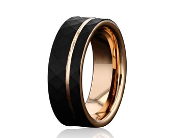 ECLIPSE - Hartmetall-Schwarzer Ring 8mm mit asymmetrischer Rosegold-Linie
